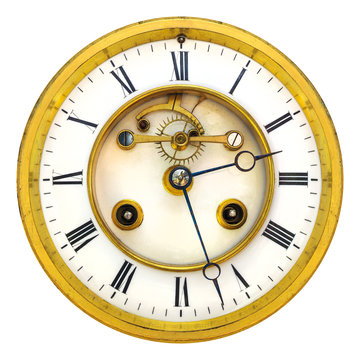Ancient golden open clock face isolated on white