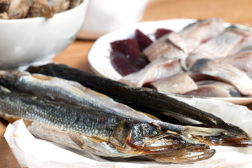Assorted fish on wooden table