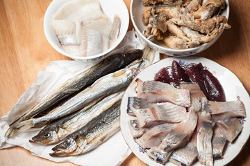 Seafood theme. Assorted fish on wooden table