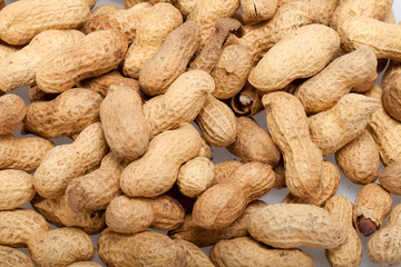 .Dried peanuts in closeup on the white background