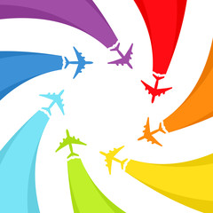 Background with rainbow airplanes. Vector illustration.