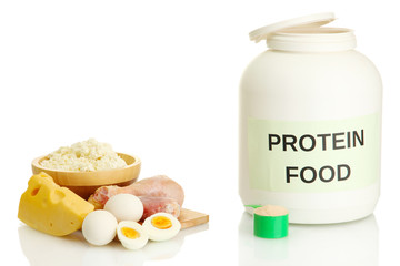 jar of protein powder and food with protein, isolated on white