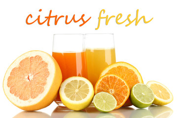 Lots ripe citrus with juices isolated on white
