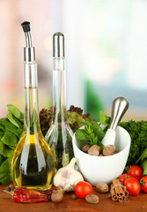 Composition of mortar, bottles with olive oil and vinegar, and