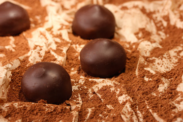 Obraz na płótnie Canvas Chocolate candies with cocoa powder, close up