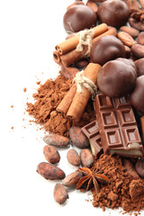 Composition of chocolate sweets, cocoa and spices, isolated