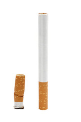 a cigarette, and a cigarette butt on white