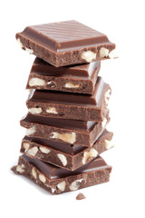 chocolate pieces stacked on white background