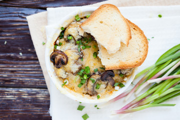 mushroom casserole with green garlic, top view