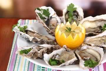 Oysters on table in cafe