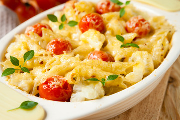 pasta baked with cheese and tomatoes
