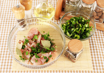 Chicken meat in glass bowl,herbs and spices