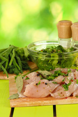 Chicken meat in glass plate,herbs and spices