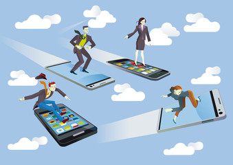Fototapeta na wymiar Business people with Flying smartphones