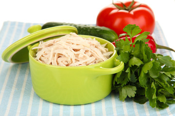 Shredded boiled chicken in green pan close up