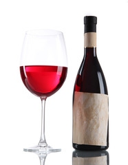 Glass of wine with bottle isolated on white