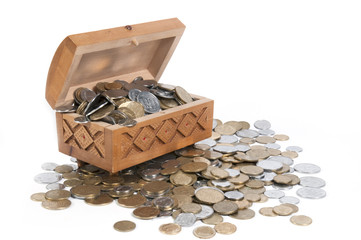 The box with coins on isolated background