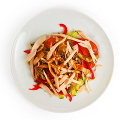 meat food mushrooms and tomato cucumber isolated on white backgr