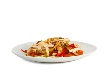 meat mushrooms food tomato cucumber isolated on white background