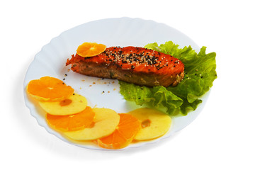 plate fish tasty boiled salad isolated on white background