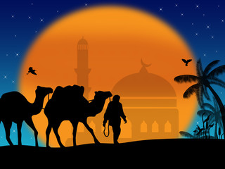 Camels in Sahara with bedouins and mosque