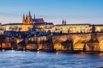 Charles Bridge and Castle in Prague at Dusk