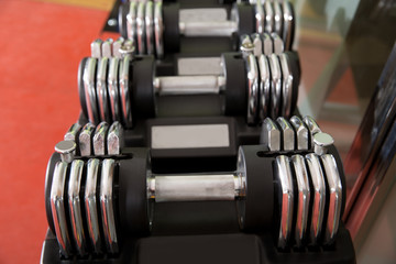 Adjustable weight dumbbells in a row with selective focus