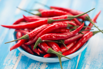Close-up of a saucer full of red chili peppers, horizontal shot