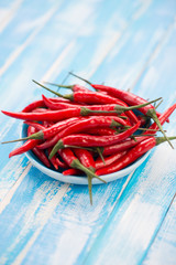 Saucer with hot chili peppers, vertical shot