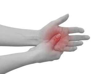 Acute pain in a man palm. Female holding hand to spot of palm-ac