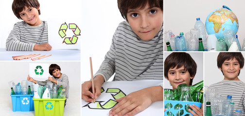 Montage of little boy recycling