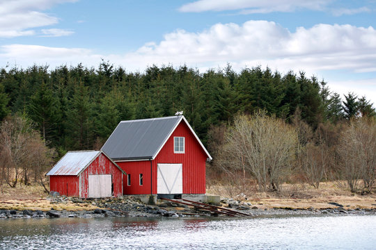Traditional Norwegian red wooden barns