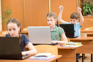 schoolkids using laptop at lesson