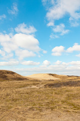 Grassy dune landscape with blue cloudy sky.