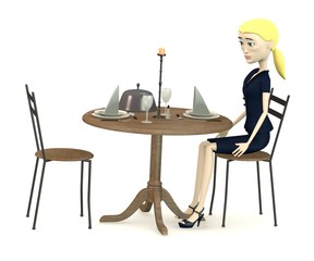 3d render of cartoon character sits on restaurant