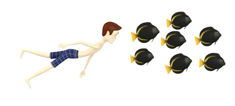 3d render of cartoon charcter with fishes