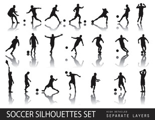 Soccer players detailed vector silhouettes set. Sports design