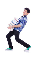 Student with lots of books on white