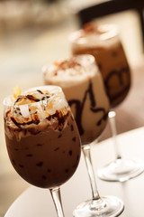 cold fresh ice coffee with chocolate close up