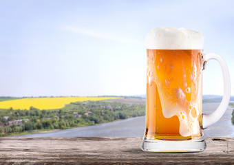 Frosty glass of light beer  with summer scene background