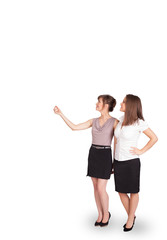 Young ladies gesturing with copy space