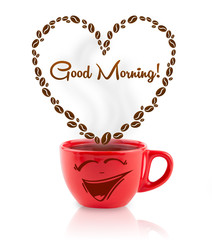 Coffee mug with coffee beans shaped heart with good morning sign