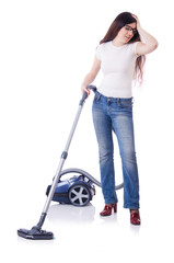 Young woman with vacuum cleaner on white