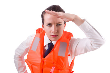 Young woman with life vest on white