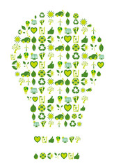 Light bulb filled with bio eco environmental icons and symbols