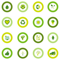 Set of round icons filled with bio eco environmental symbols