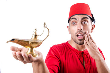 Turk man with lamp on white