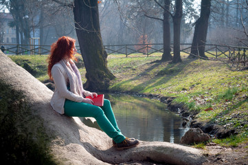 beautiful red head young woman reading book