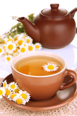 Cup of herbal tea with camomiles close up