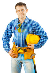 a worker holding helmet isolated